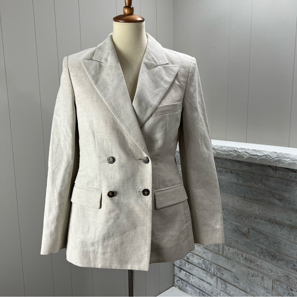 Cedric Charlier Natural Linen Blend Woven Double Breasted Blazer Jacket US 6